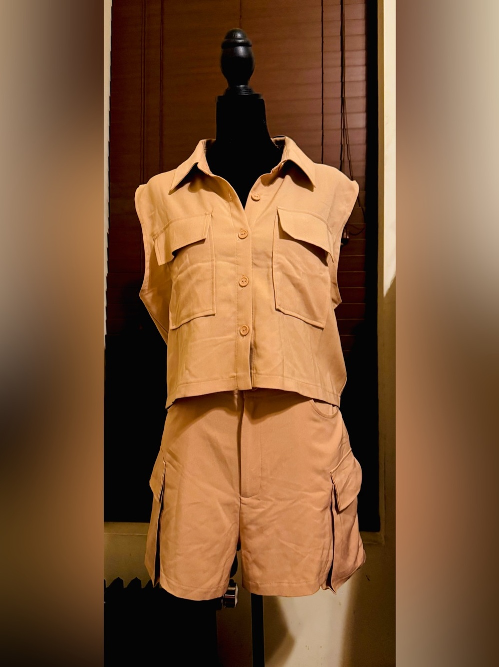 Julia Sleeveless Cargo Shirt & Shorts Set in Camel